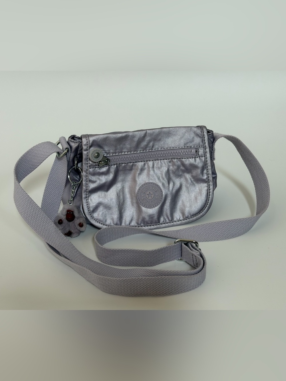Kipling Sabina Shimmering Silver/Purple Crossbody Bag w/ money keychain